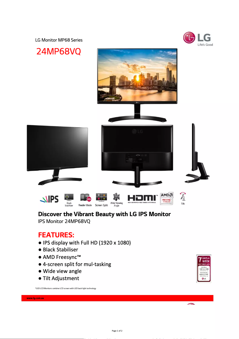 Page 1 de la notice Fiche technique LG 24MP68VQ-P