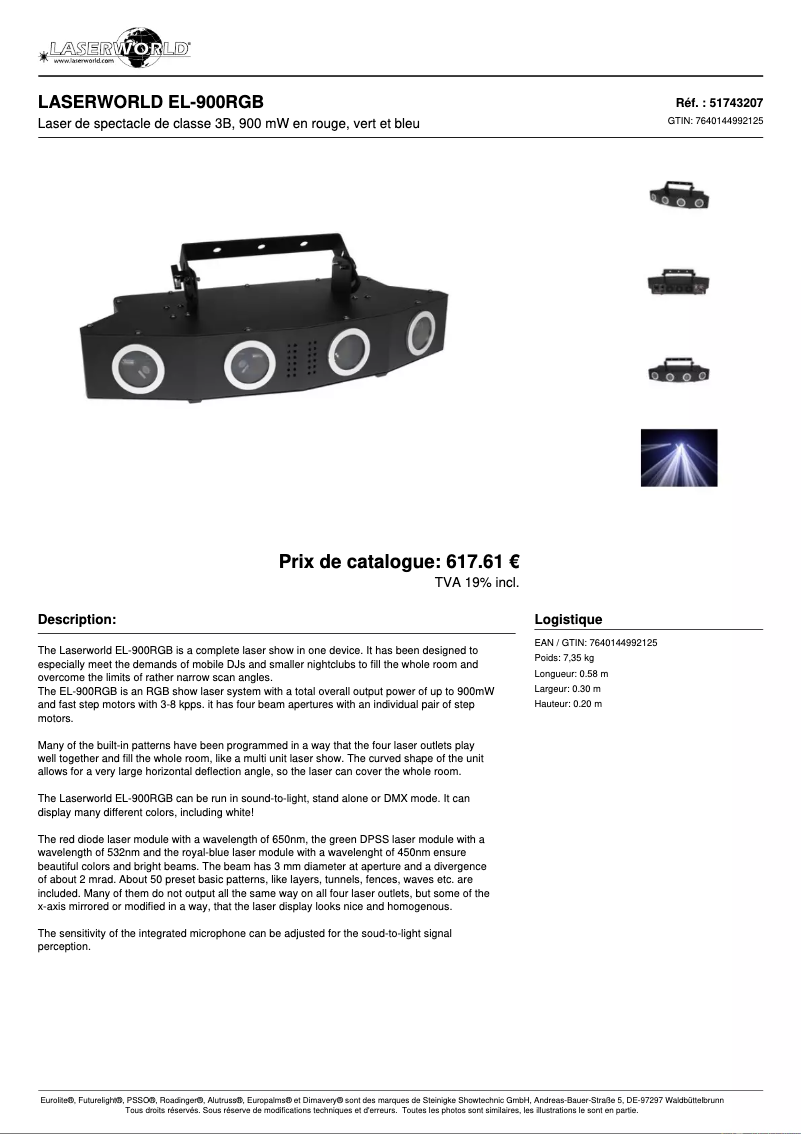 Page n°1 - Fiche technique Laserworld EL-900RGB