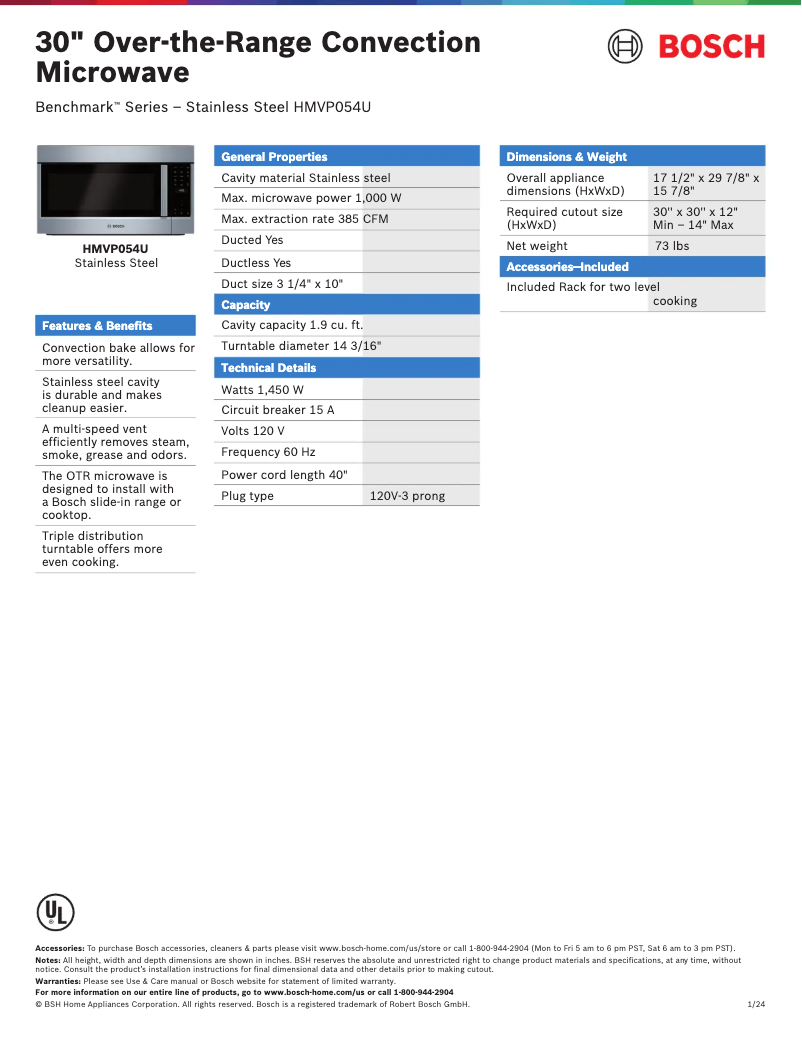 Page 1 de la notice Fiche technique Bosch HMVP054U