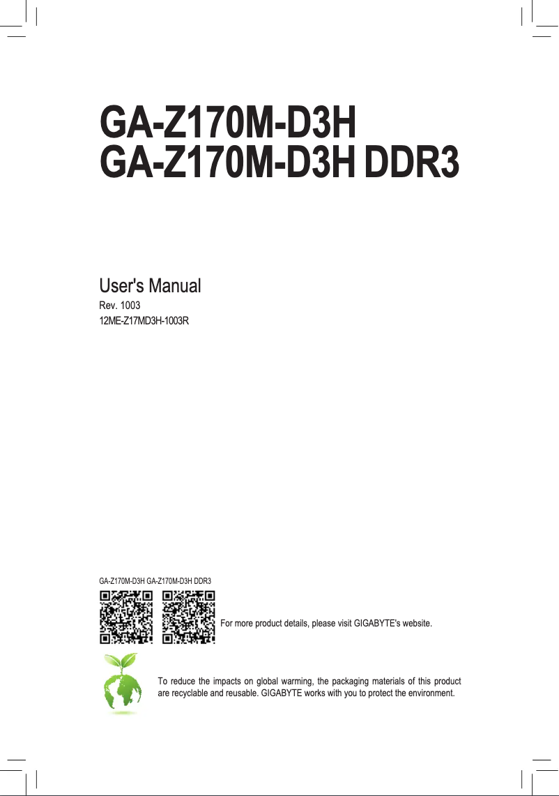 Page n°1 - Manuel utilisateur Gigabyte GA-Z170M-D3H