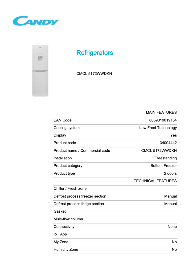 Page 1 de la notice Fiche technique Candy CMCL 5172WWDKN