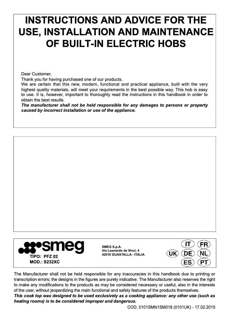 Page n°1 - Manuel utilisateur Smeg S232XC