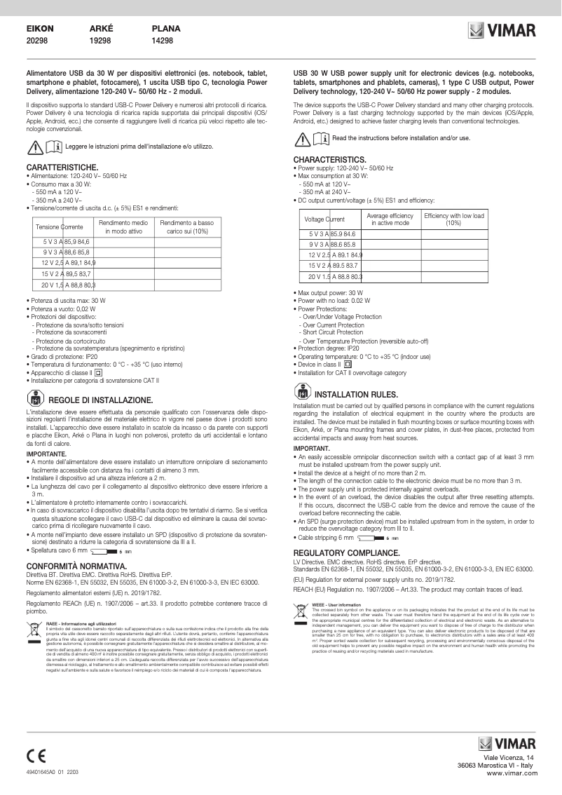 Page 1 de la notice Manuel utilisateur Vimar 20298.N