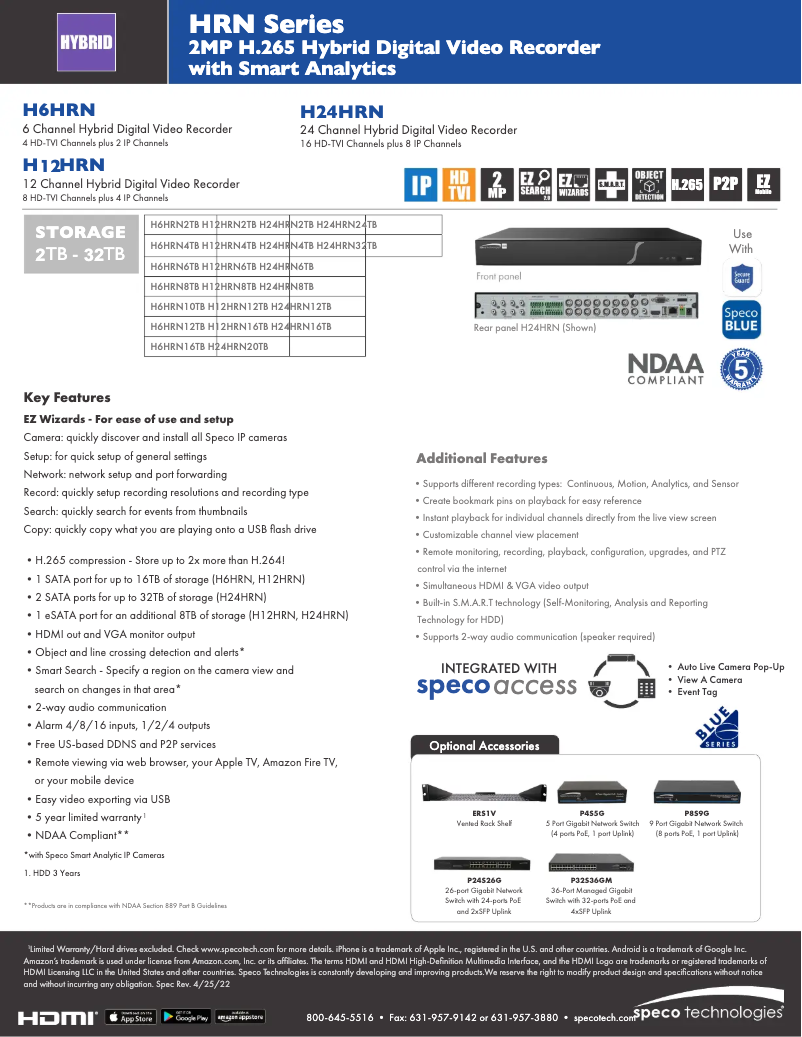 Page 1 de la notice Fiche technique Speco Technologies H6HRN
