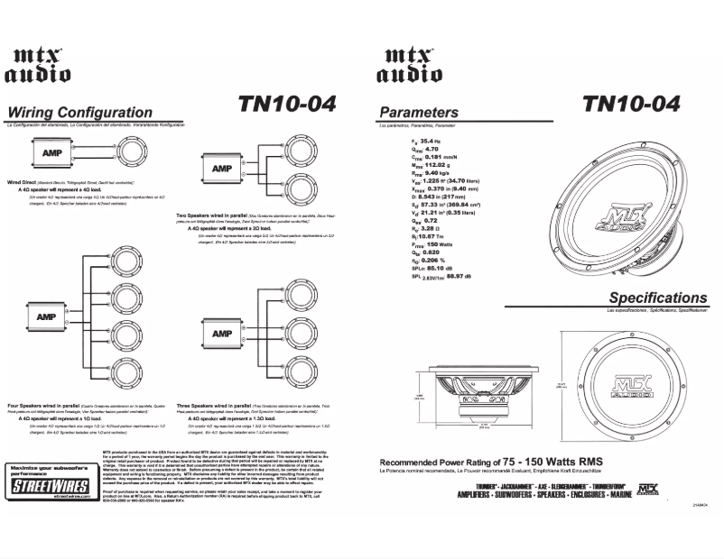 Page n°1 - Manuel utilisateur MTX Audio TN10-04