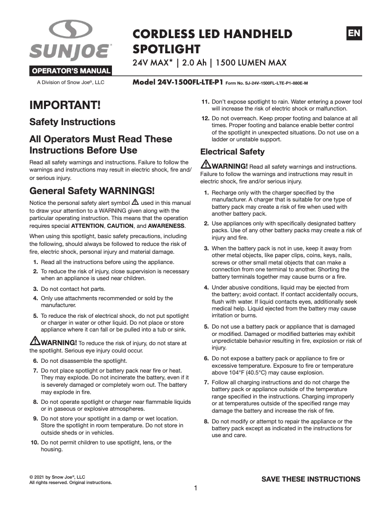 Page 1 de la notice Manuel utilisateur Sun Joe 24V-1500FL-LTE-P1