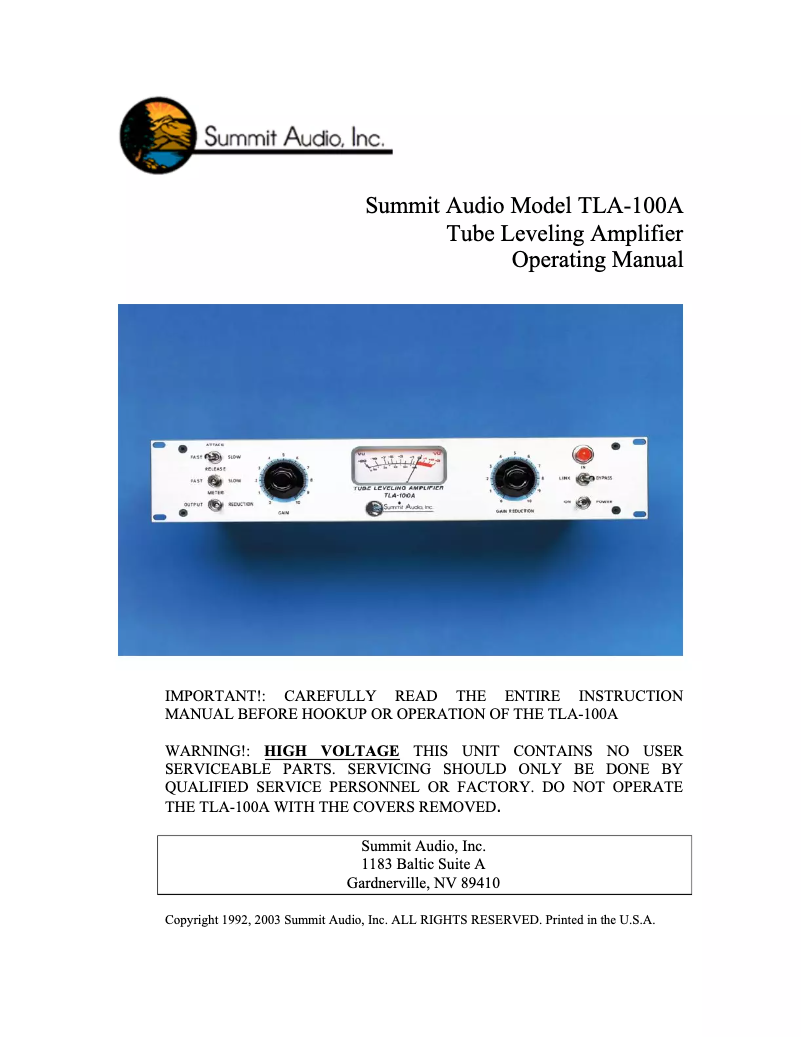 Page n°1 - Manuel utilisateur Summit Audio TLA-100A