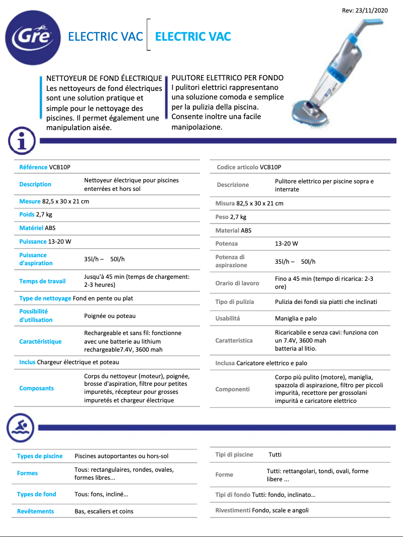 Page 1 de la notice Fiche technique Gre VCB10P