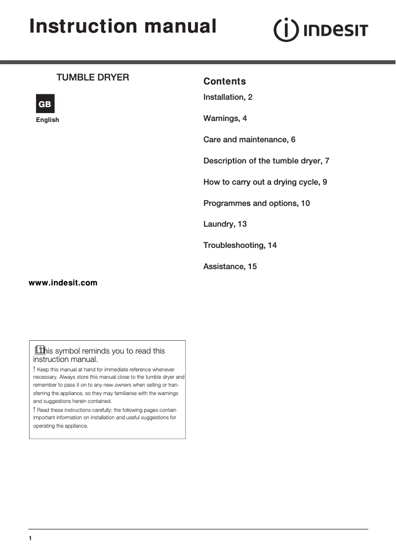 Page 1 de la notice Mode d'emploi Indesit IDVL 75 BRS.9 UK