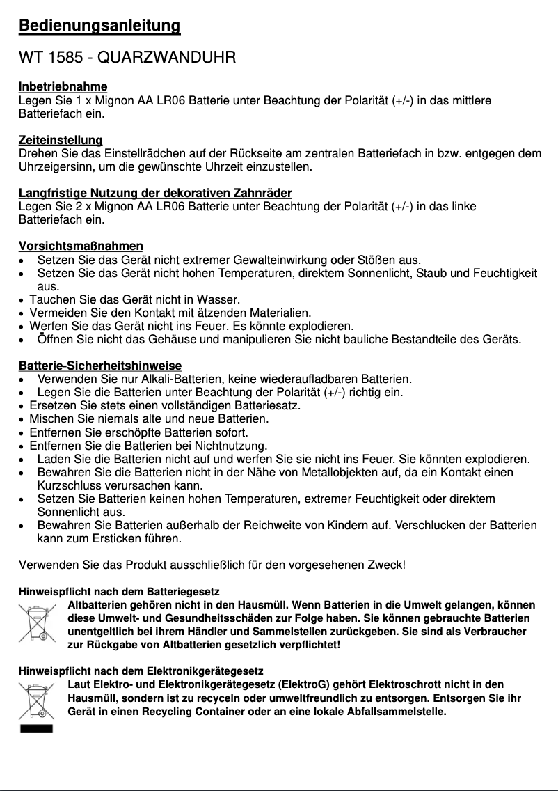 Image de la première page du manuel de l'appareil WT 1585