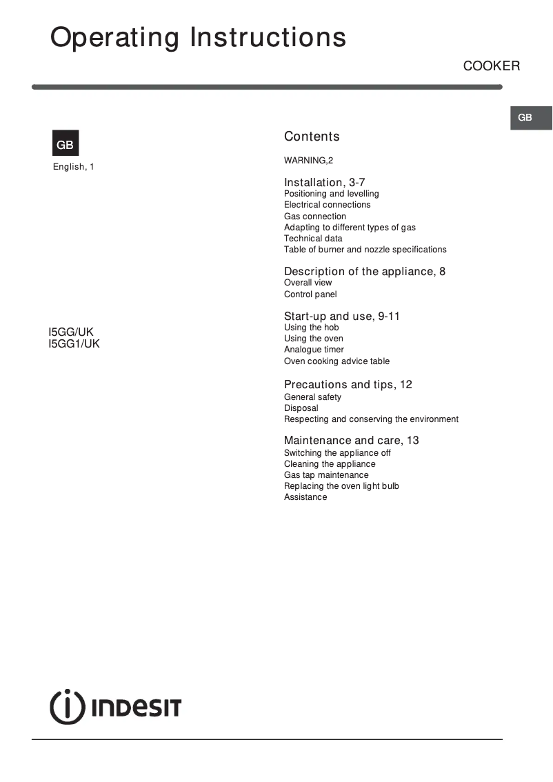 Page n°1 - Manuel utilisateur Indesit I5GG1XUK