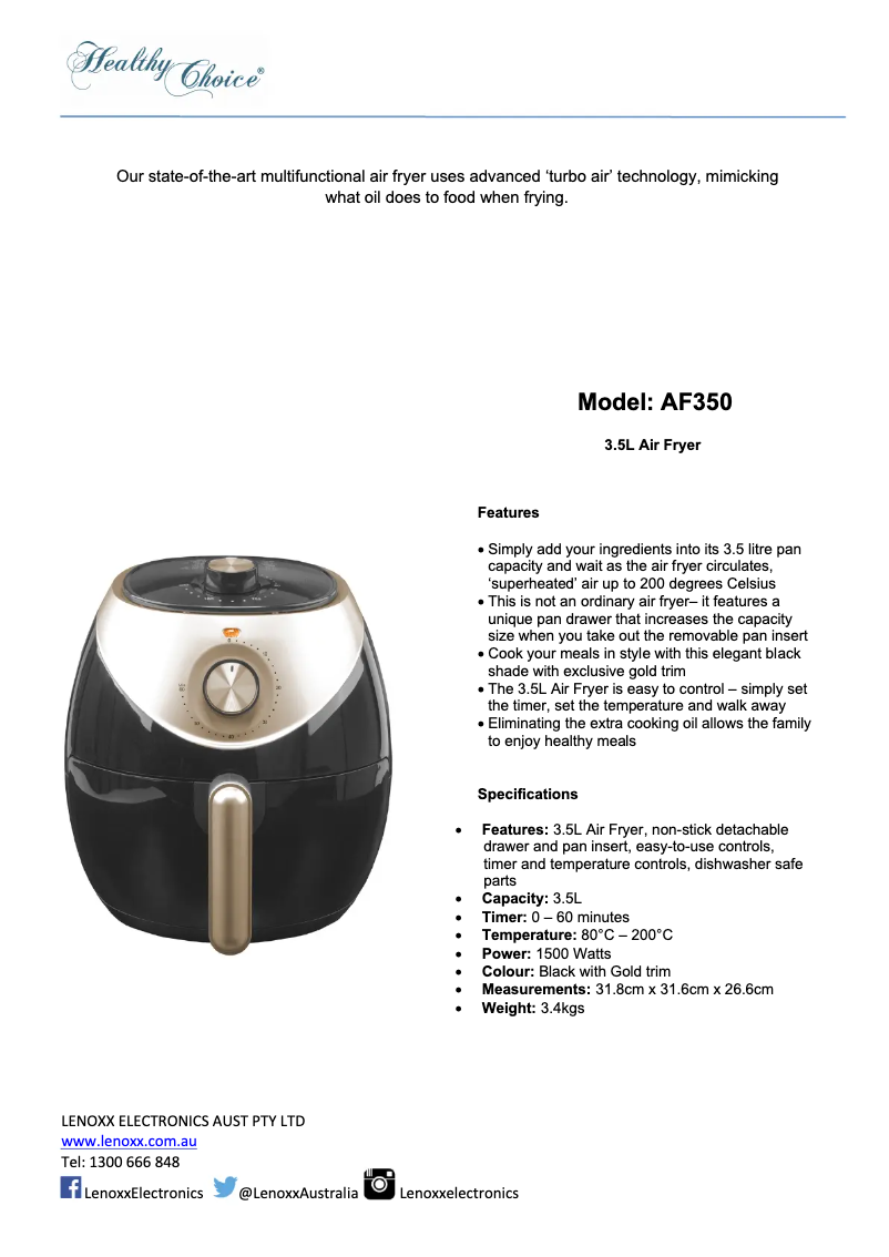 Page n°1 - Fiche technique Lenoxx Healthy Choice AF350