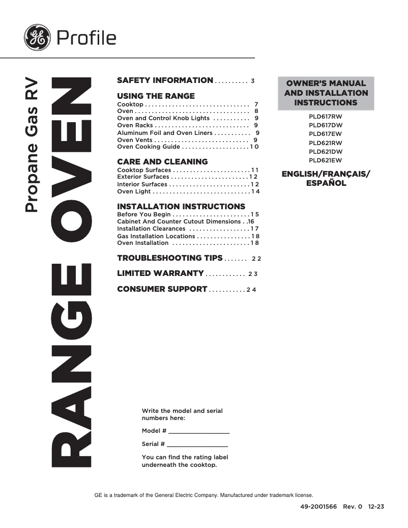 Image de la première page du manuel de l'appareil Profile PLD617RWSS