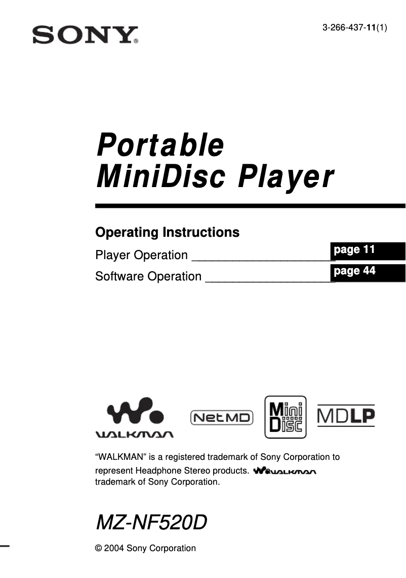 Page 1 de la notice Manuel utilisateur Sony Walkman MZ-NF520D