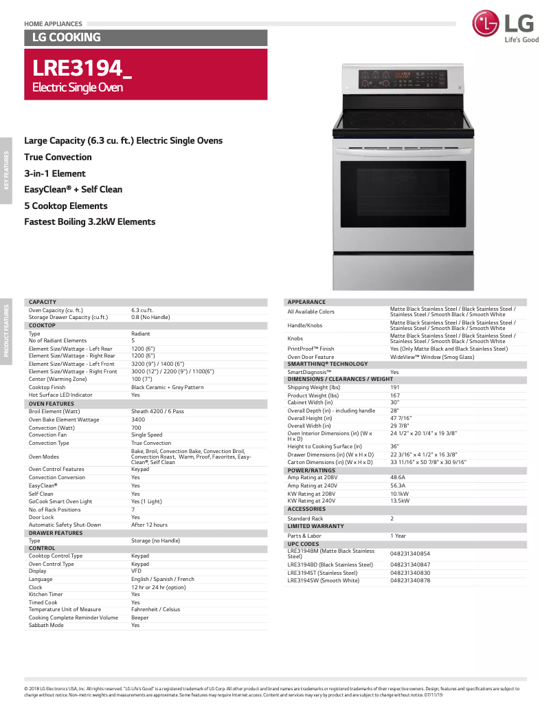 Page 1 de la notice Fiche technique LG LRE3194ST