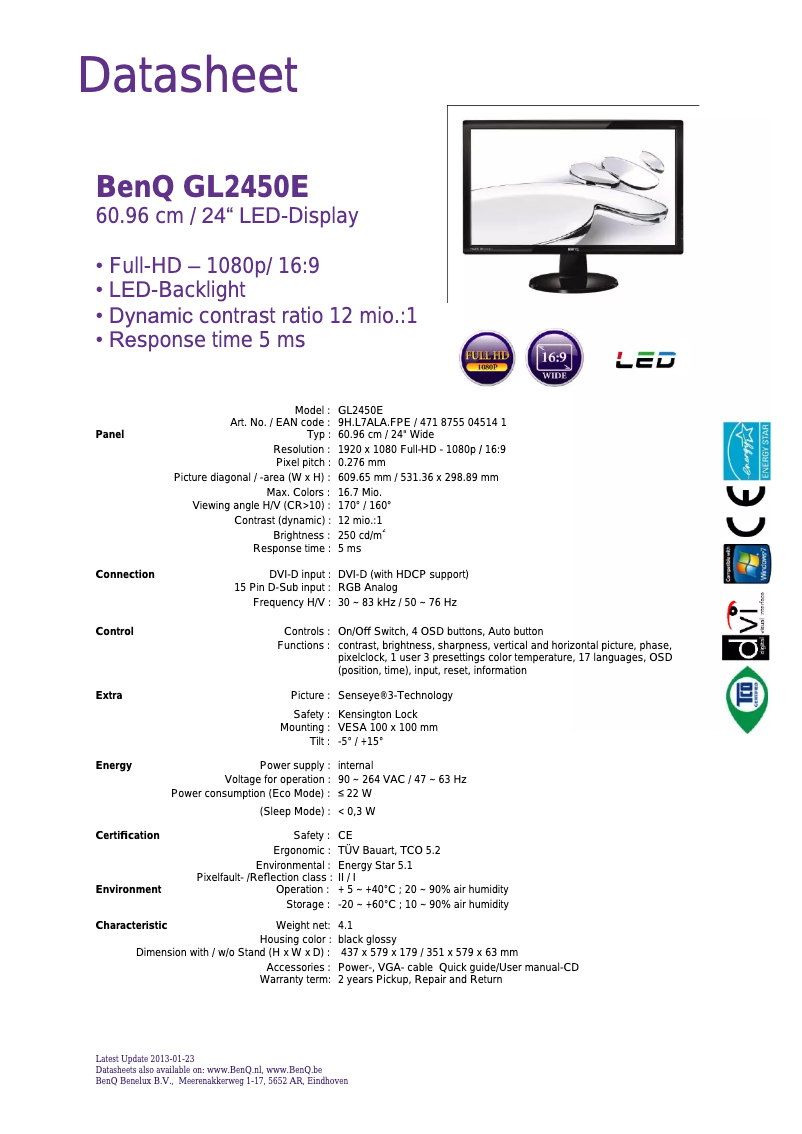Page 1 de la notice Manuel utilisateur BenQ GL2450E