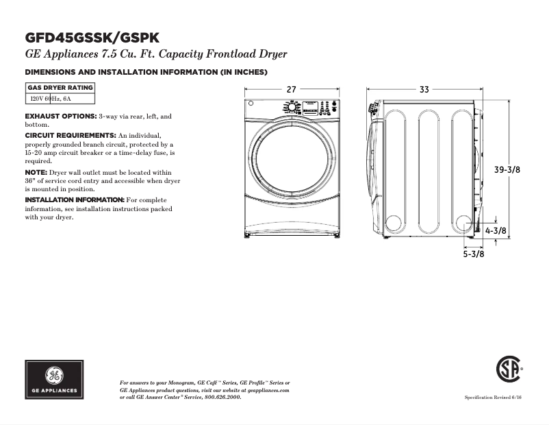Página 1 del manual Ficha técnica GE GFD45GSSKWW