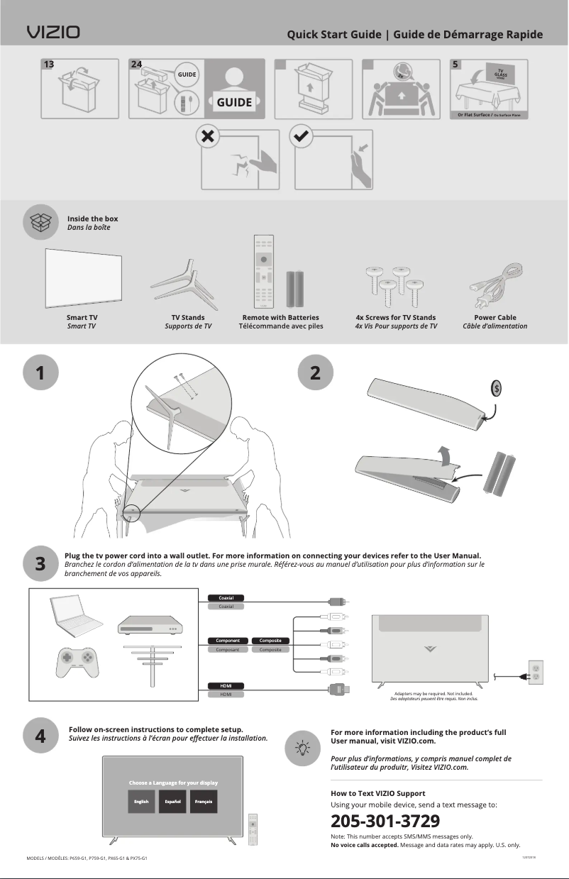 Page 1 de la notice Guide de démarrage rapide VIZIO P659-G1