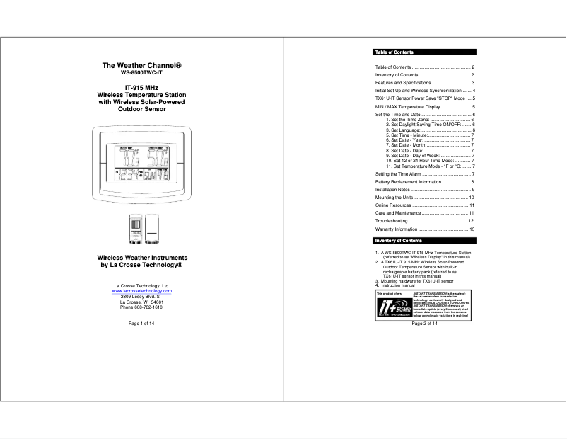 Image de la première page du manuel de l'appareil WS-8500-IT