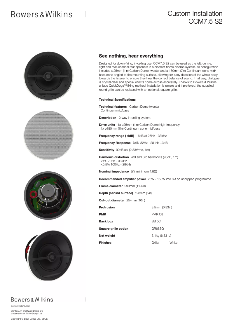 Page 1 de la notice Instructions / montage Bowers & Wilkins CCM7.5 S2