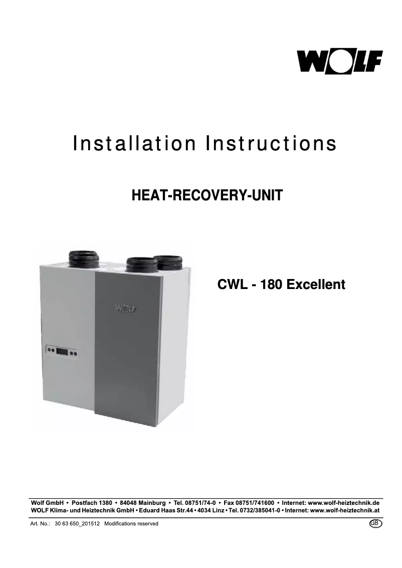 Page n°1 - Manuel utilisateur Wolf CWL-180