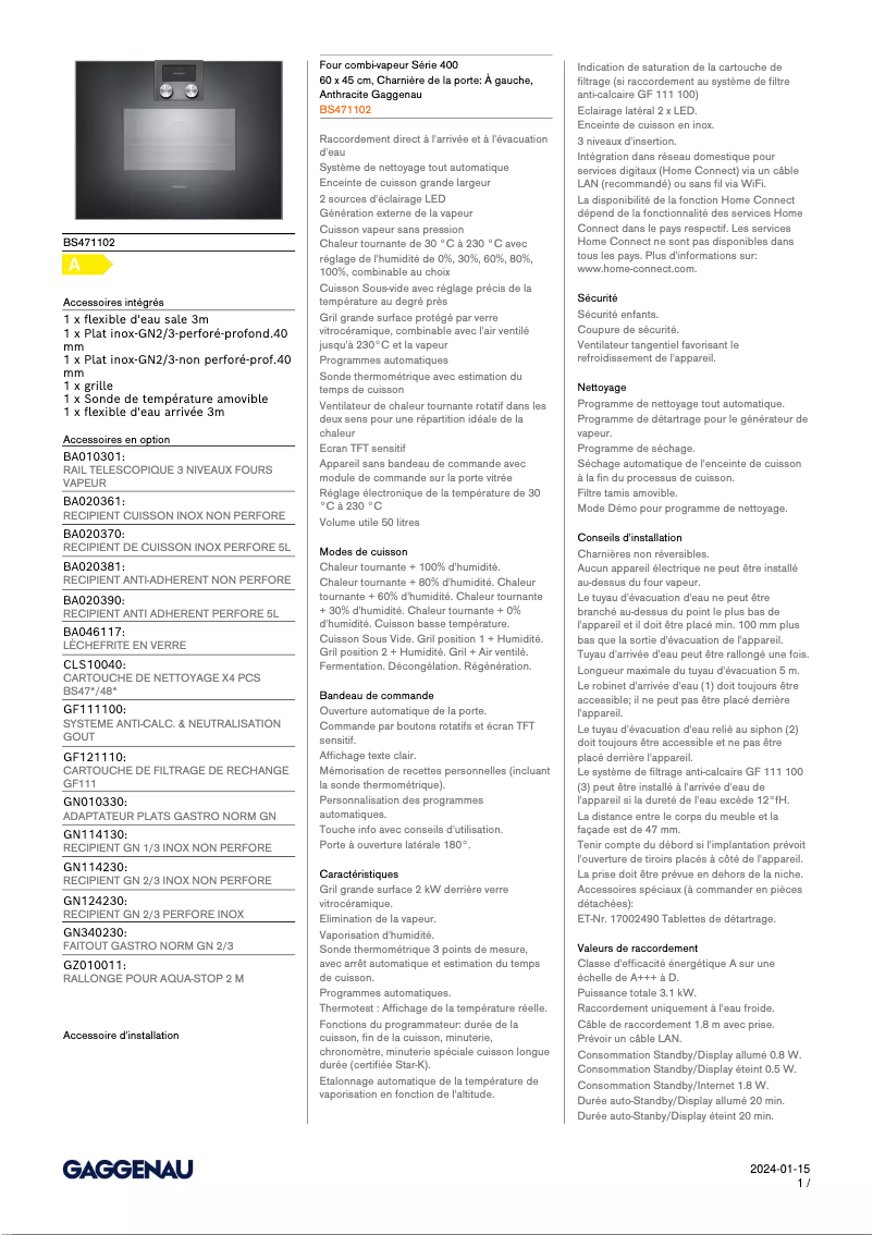 Page 1 de la notice Fiche technique Gaggenau BS471102