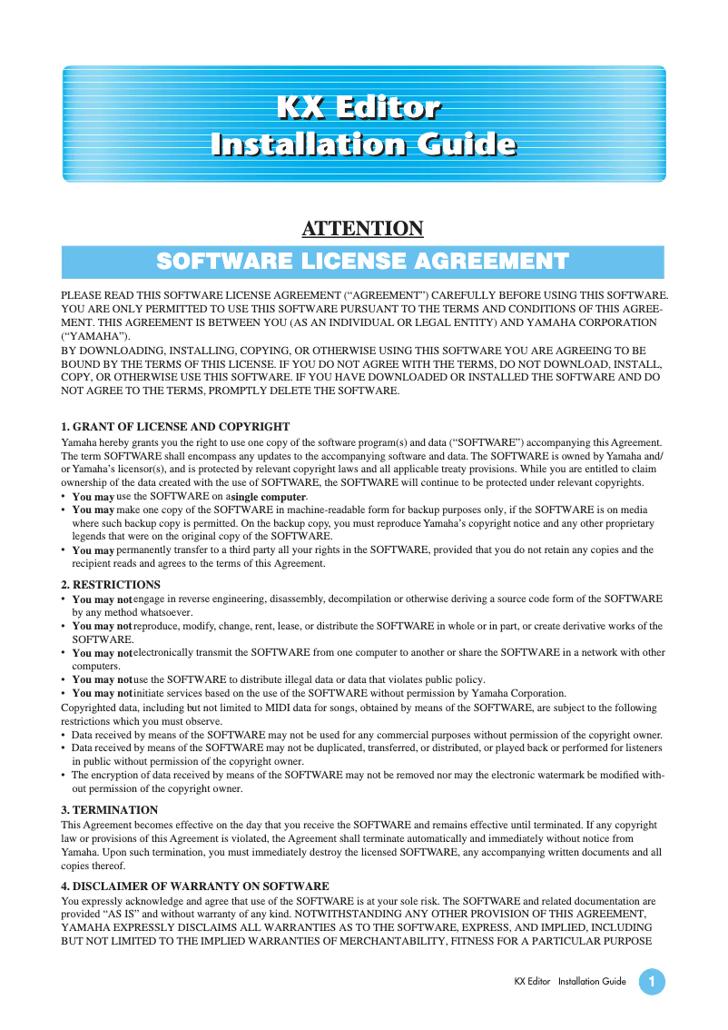 Página 1 del manual Guía de instalación Yamaha KX8