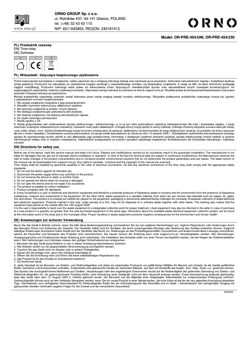 Imagen de la primera página del manual del dispositivo OR-PRE-454