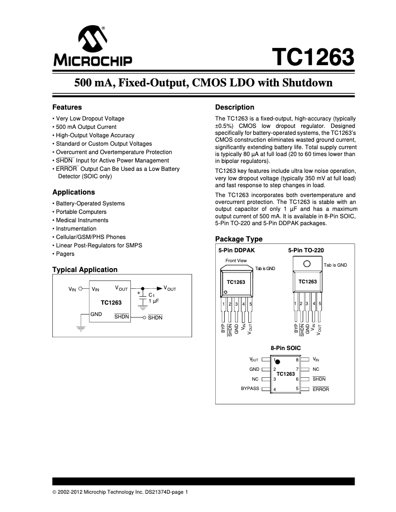 Page 1 de la notice Fiche technique Microchip TC1263