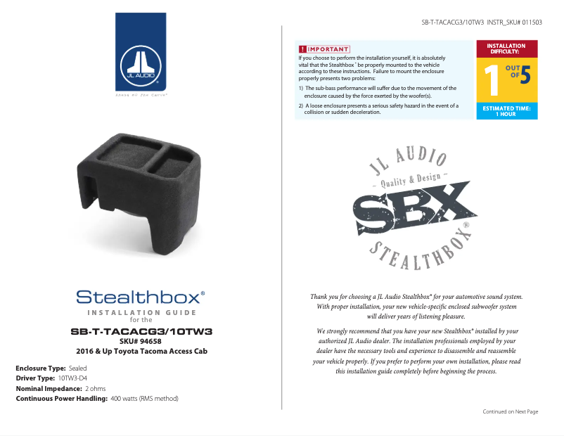 First page image of the manual for Stealthbox SB-T-TACACG3/10TW3