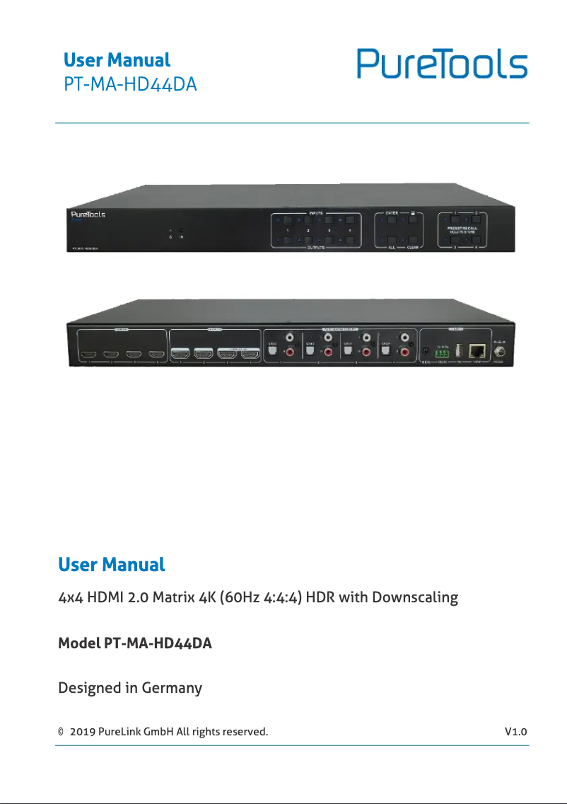 Page 1 of the manual User Manual PureLink PT-MA-HD44DA