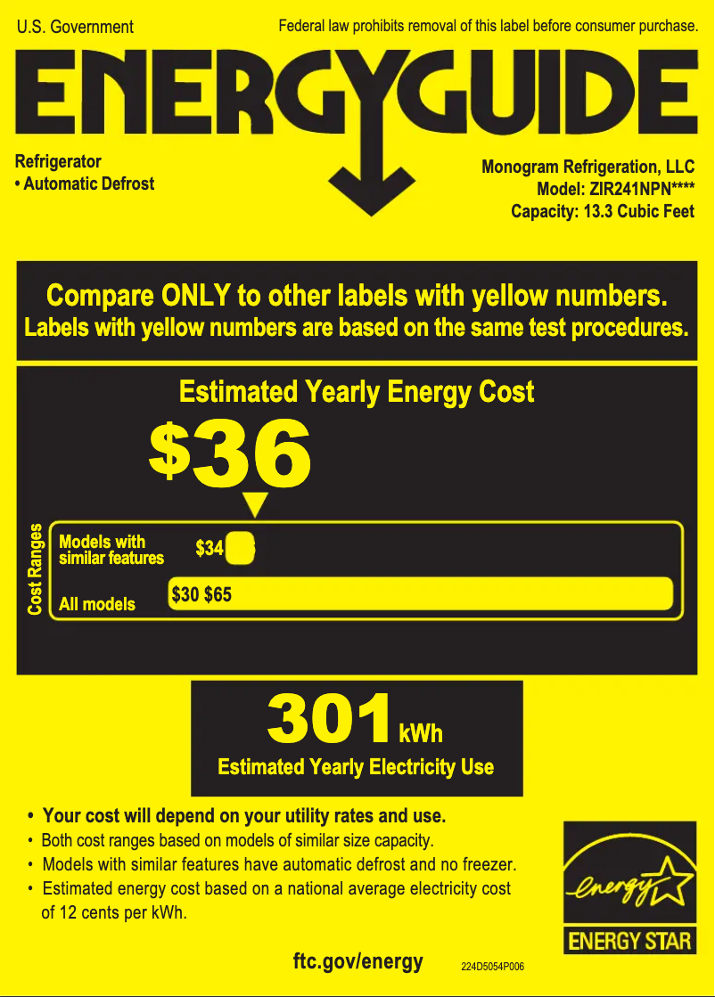 Page 1 de la notice Label énergétique Monogram ZIR241NPNII