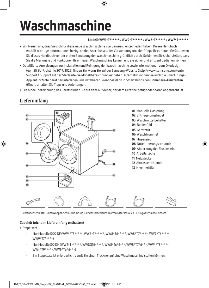 Page 1 de la notice Manuel utilisateur Samsung WW80T756ABH
