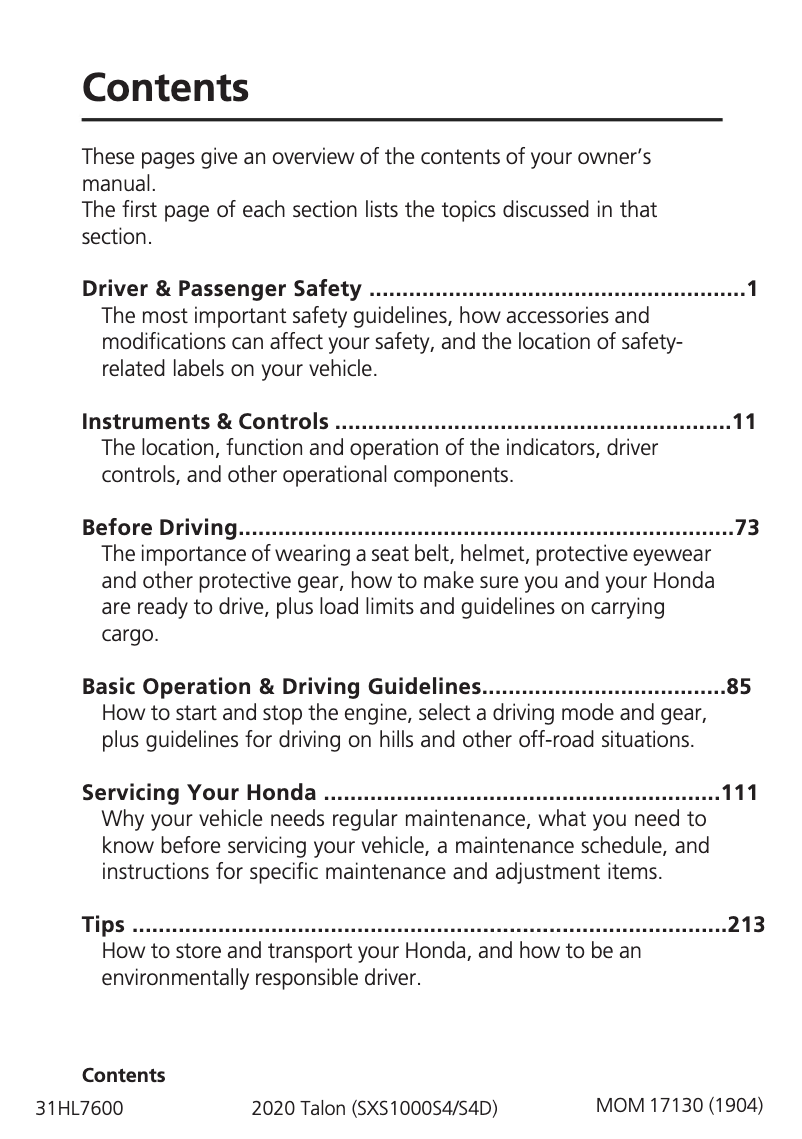 Page 1 de la notice Manuel utilisateur Honda Talon (2020)