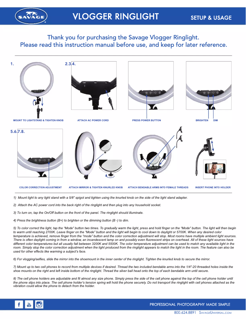 Page 1 of the manual User Manual Savage Vlogger Ringlight