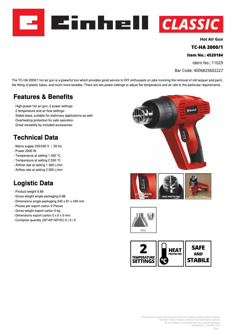 Page 1 de la notice Fiche technique Einhell TC-HA 2000/1