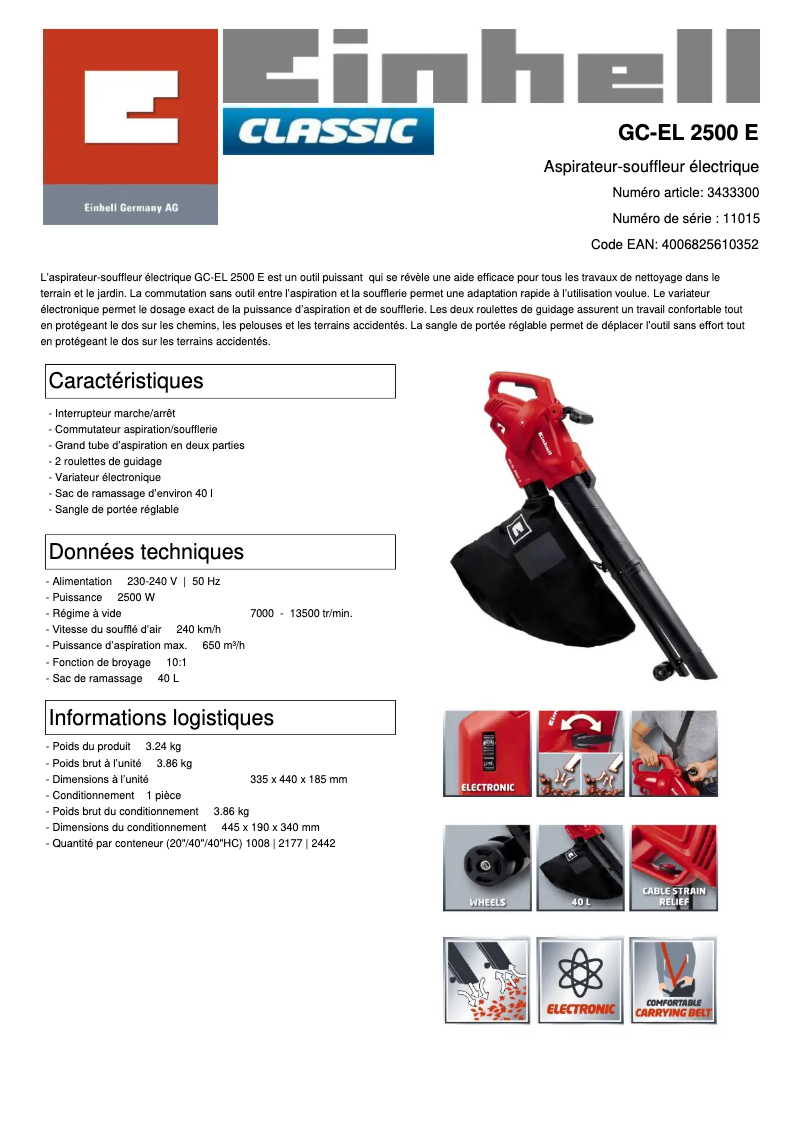 Página 1 del manual Ficha técnica Einhell GC-EL 2500 E