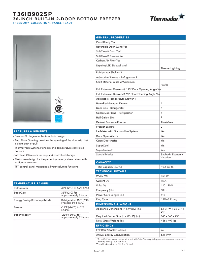 Page 1 de la notice Fiche technique Thermador T36IB902SP
