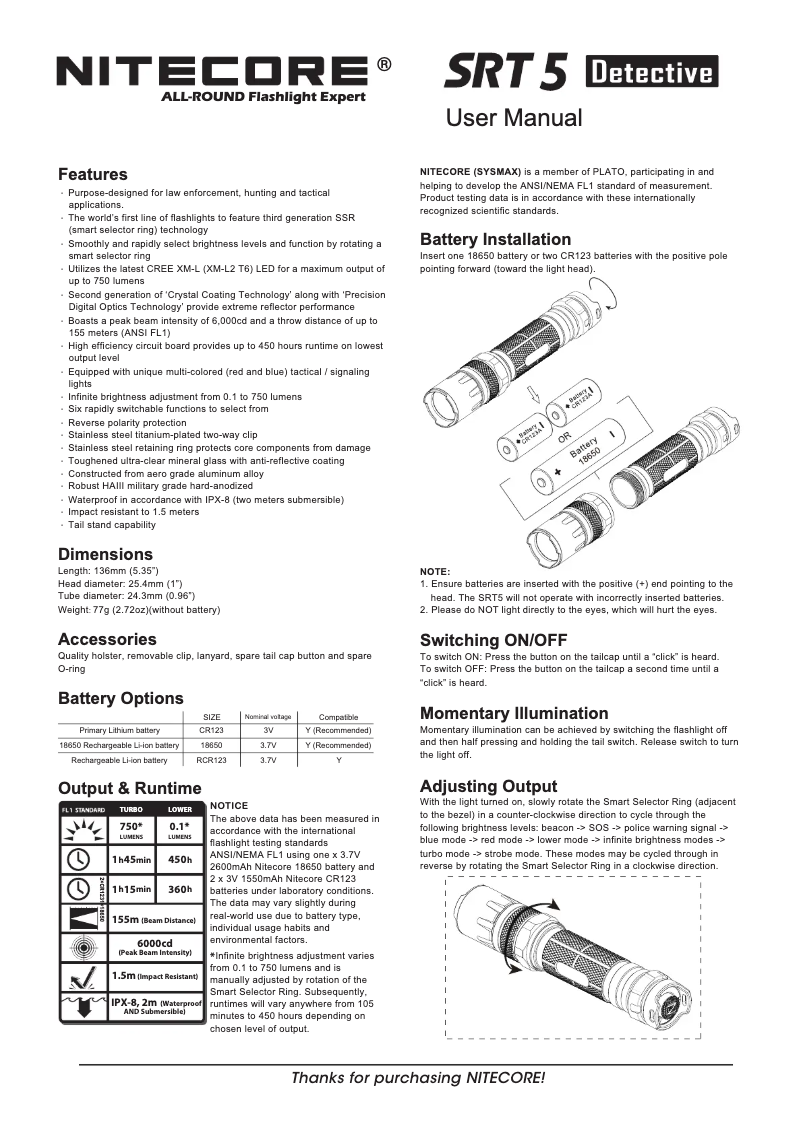 Page n°1 - Manuel utilisateur Nitecore SRT5