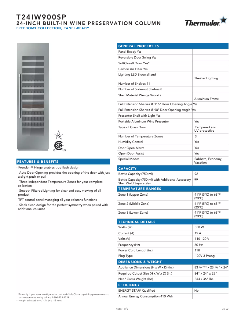Page n°1 - Fiche technique Thermador T24IW900SP