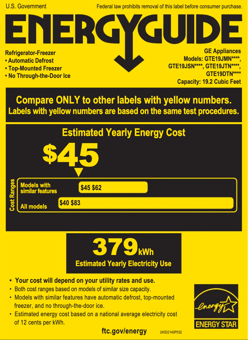 Page 1 de la notice Label énergétique GE GTE19JSNRSS