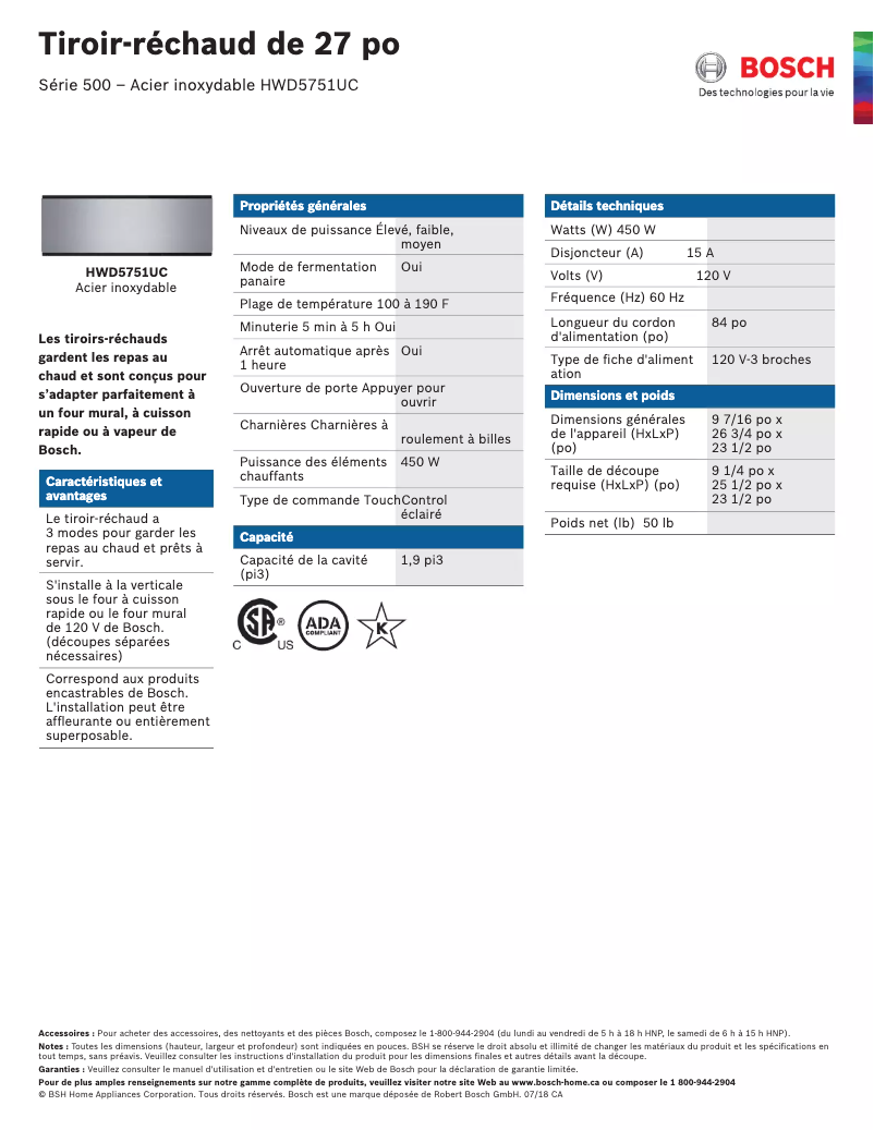 Page n°1 - Fiche technique Bosch HWD5751UC
