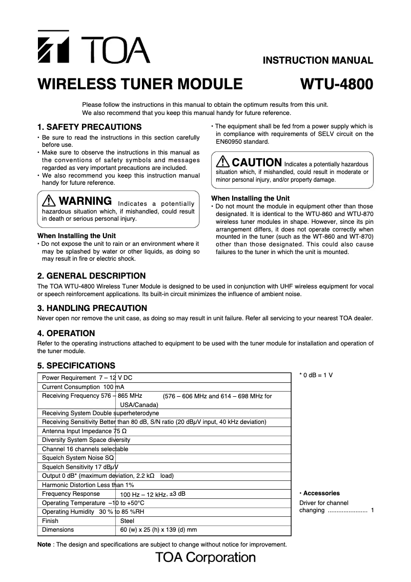 Page n°1 - Manuel utilisateur TOA WTU-4800