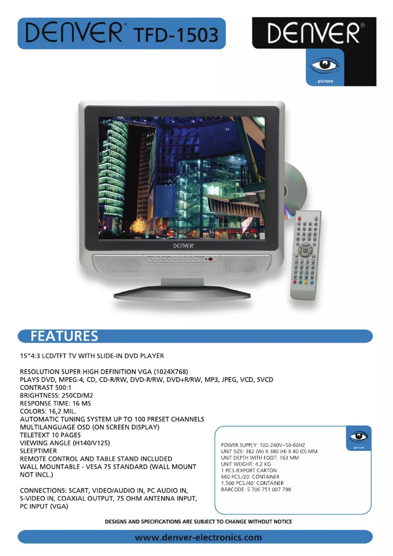 Página 1 del manual Manual de usuario Denver TFD-1503