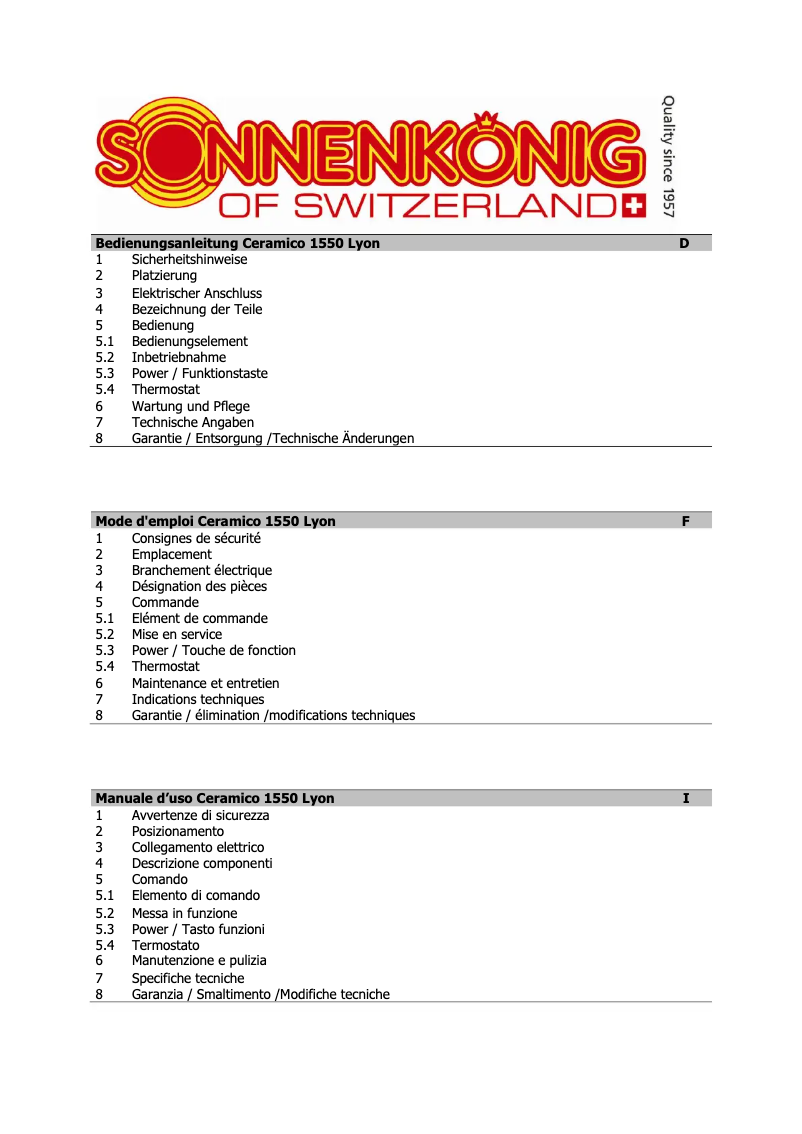 Page 1 de la notice Manuel utilisateur Sonnenkönig Lyon