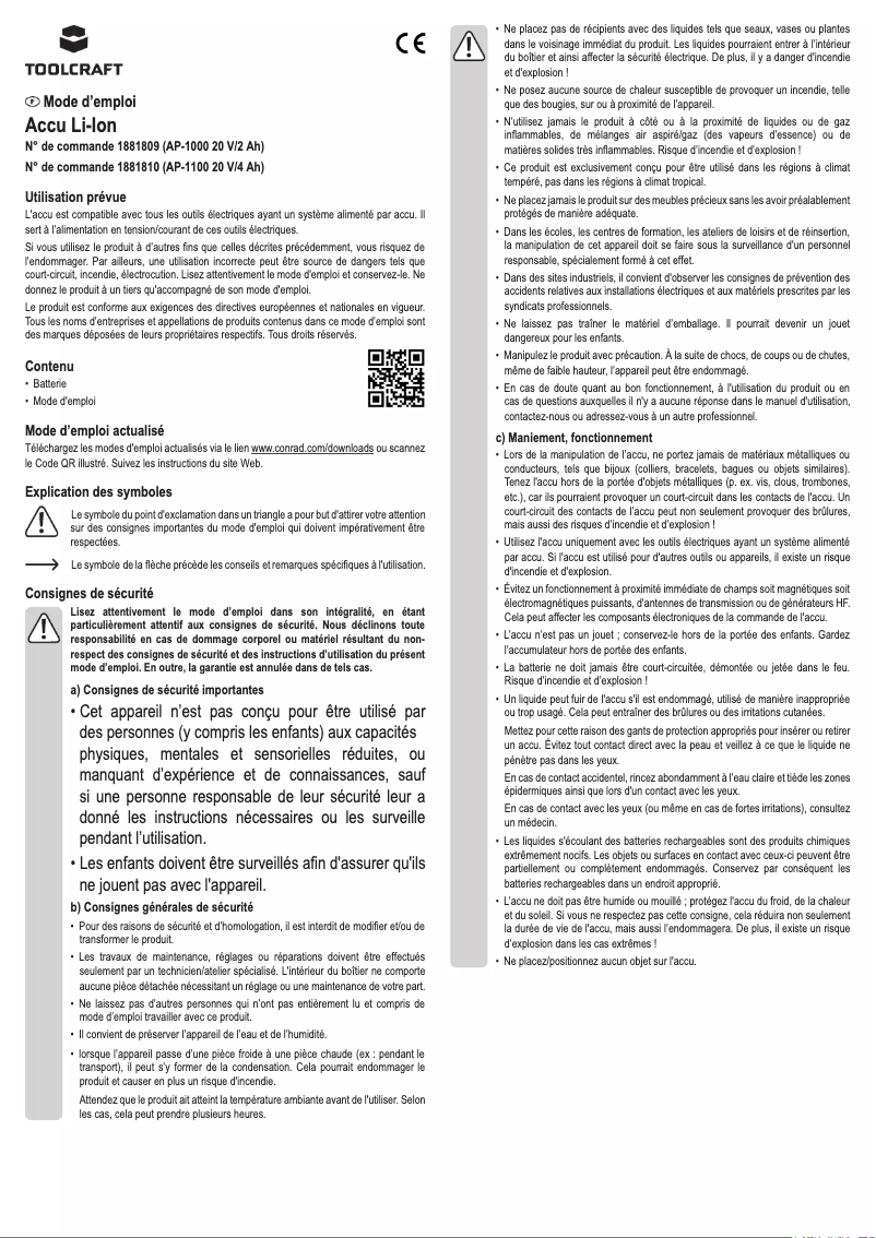 Page 1 de la notice Manuel utilisateur Toolcraft AP-1000