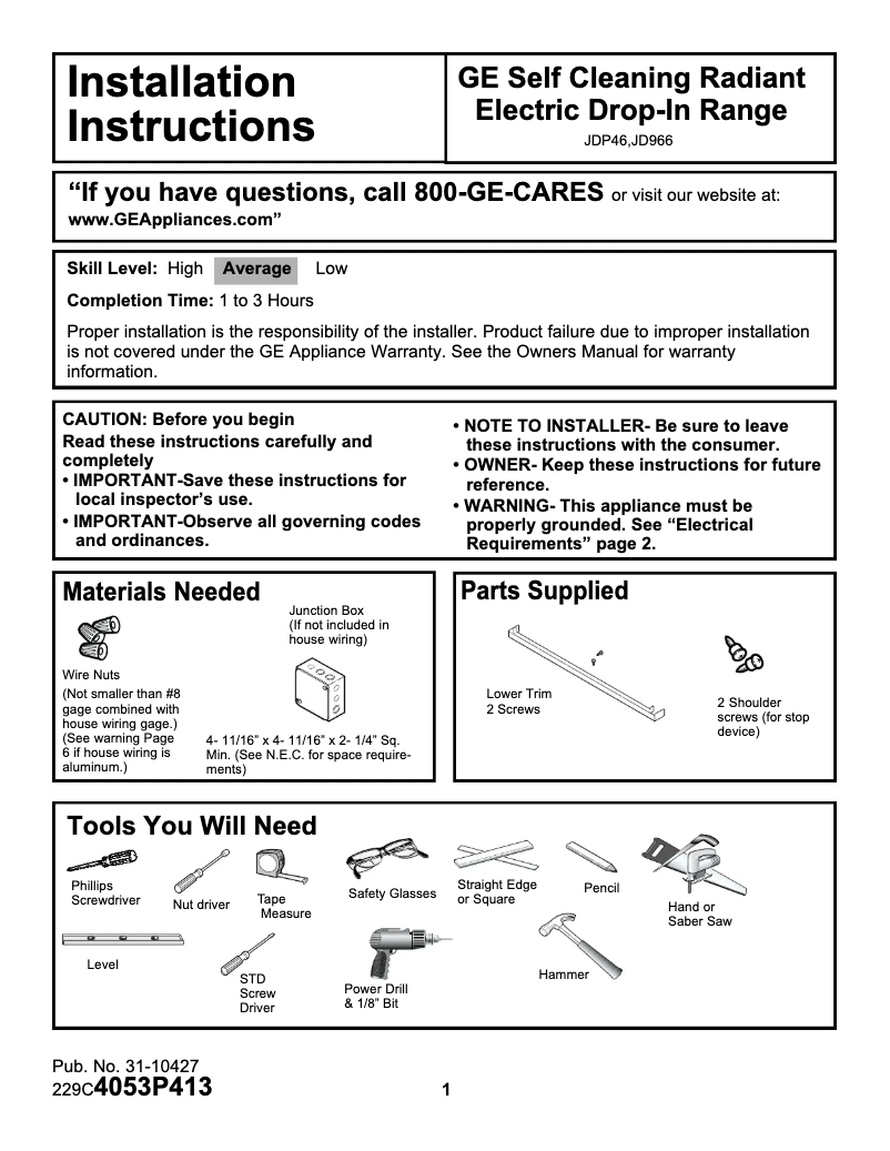 Page 1 of the manual Installation Guide GE Profile JDP46BDBB