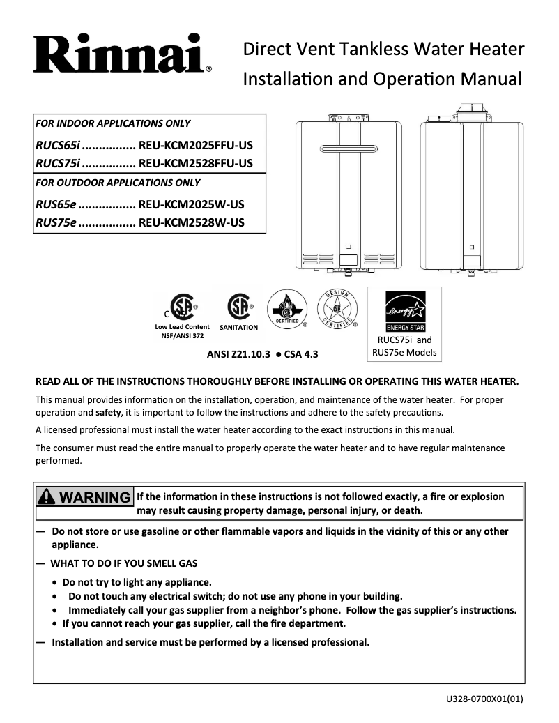 Page 1 de la notice Guide d'installation Rinnai RUS65eP