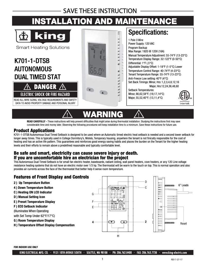 Page 1 de la notice Manuel utilisateur King K701-1-DTSB