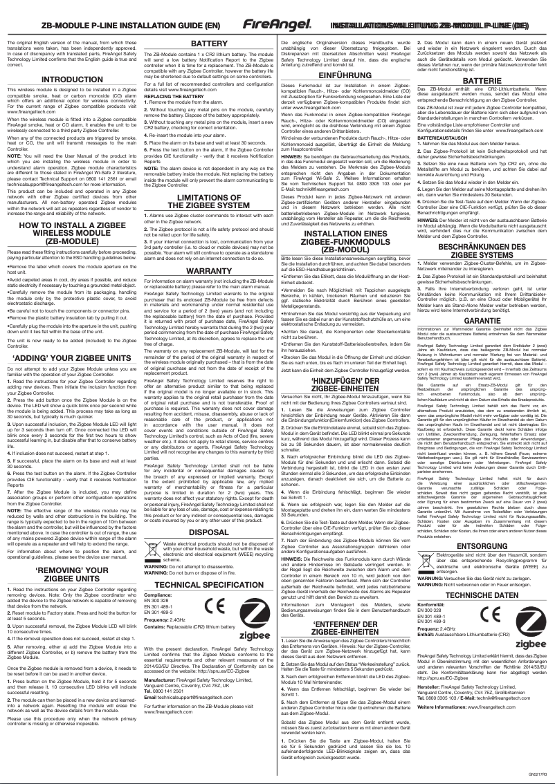 Page 1 de la notice Manuel utilisateur FireAngel ZB-module